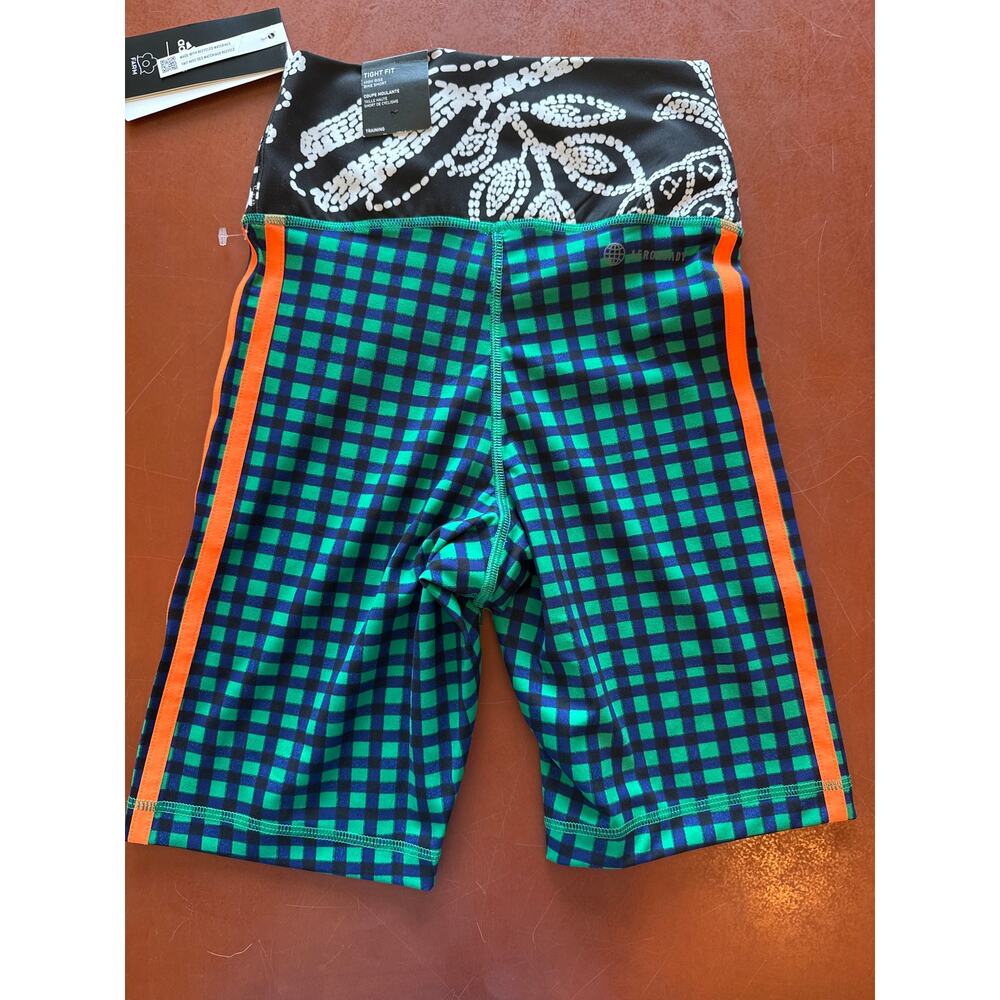 Adidas Farm Rio Biker Shorts Green Blue Orange Check 3 Stripe Contrast Print XS - Picture 6 of 8